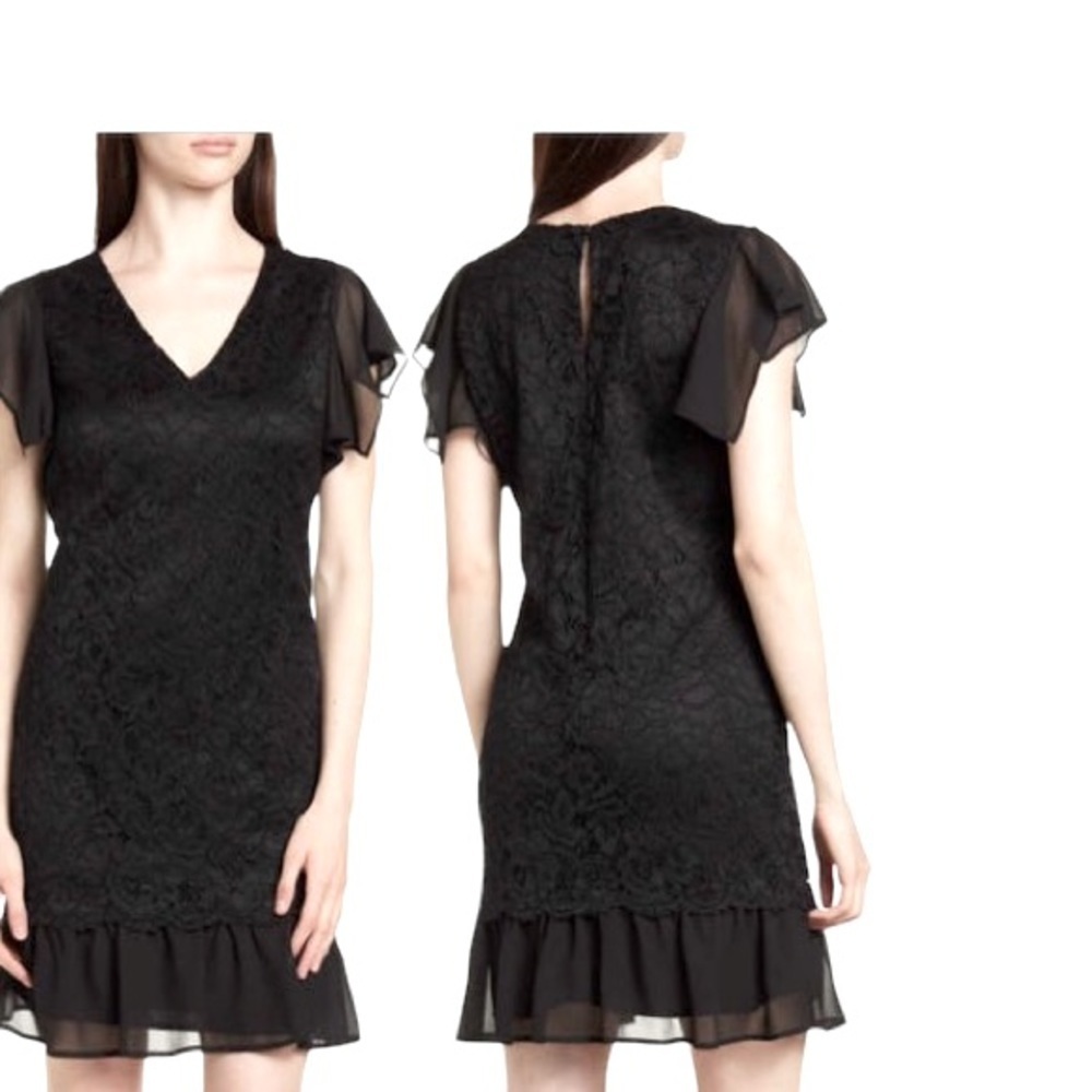 Sam Edelman Flutter Sleeve Lace & Chiffon Dress Black Sz 6